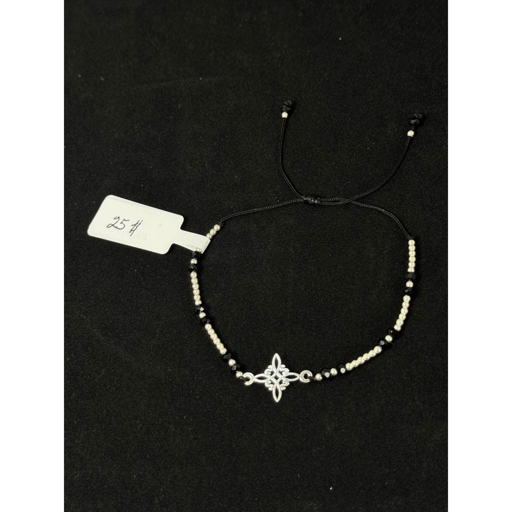 Celtic Knot Adjustable Cord Bracelet Silver Tone Beads Black Crystals Gothic